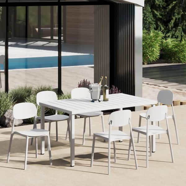 Frond and Form Outdoor Patio Modern 7-Piece Rectangular Steel Table, 6 Stackable HDPE Plastic Chairs Dining Set, White