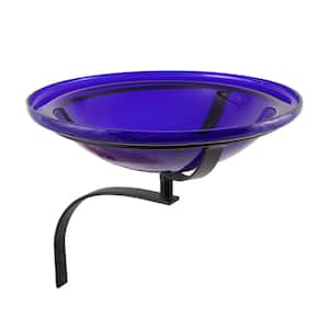 12.5 in. Dia Cobalt Blue Reflective Crackle Glass Birdbath Bowl with Wall Mount Bracket