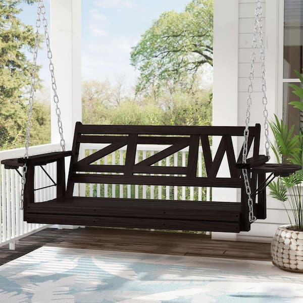 Cesicia 2-Person Dark Brown Wood Porch Swing Bench with Hanging Chains Upgraded Cupholders