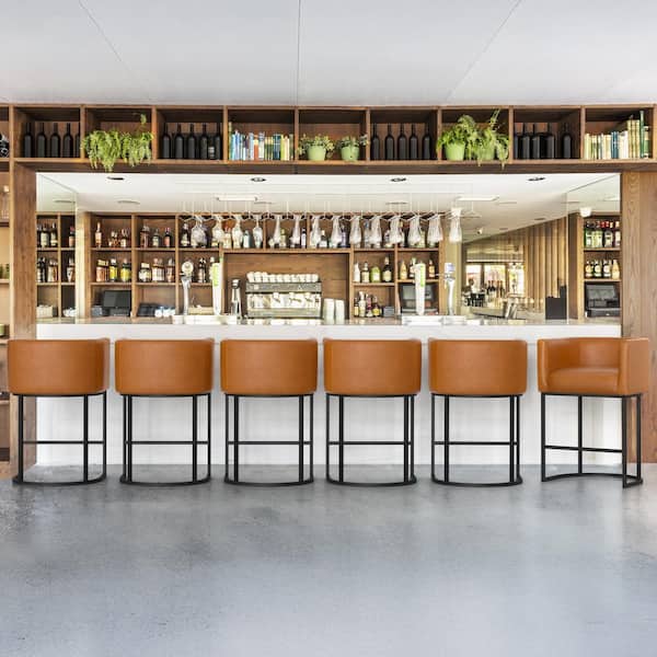 LUE BONA 26 in.Brown and Black Low Back Bar Stool with Metal Frame Counter Height Faux Leather Counter Stool Set of 6