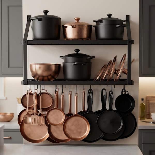 34 in. Wall Mounted Pot Rack with 20 Hooks, 150 lb Capacity with Lid Holder, Matte Black