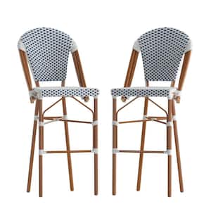 30.25 in. White and Navy/Natural Frame Metal Outdoor Bar Stool 2-Pack