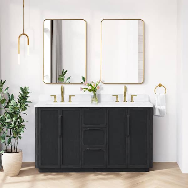 ROSWELL Busan 60 in. W x 22 in. D x 33.9 in. H Double Bath Vanity in Oak Classic Black with White Quartz Stone Top