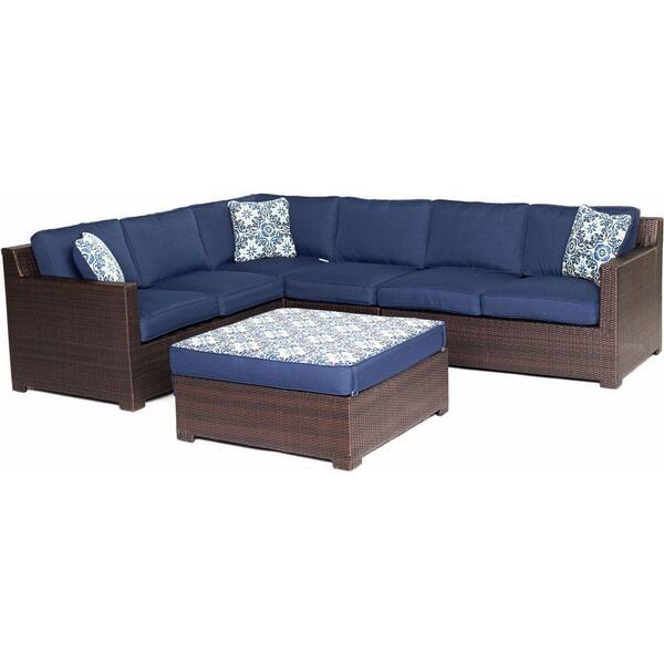 Hanover Metropolitan French Roast 5-Piece Aluminum All-Weather Wicker Patio Deep Seating Set with Navy Blue Cushions