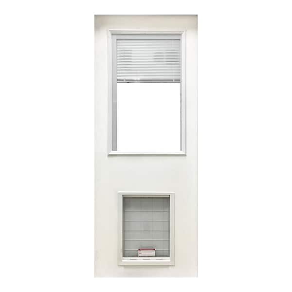 Steves & Sons 31-3/4 in. x 79 in. Reliant Clear Half Lite Mini-Blind White Primed Fiberglass Front Door Slab with Extra Large Pet Door