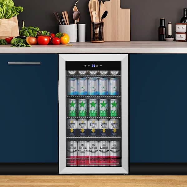 17.5 in. 130 Plus Cans Beverage Refrigerator with 6-Adjustable Feet Single Zone Portable Beverage Cooler in Silver