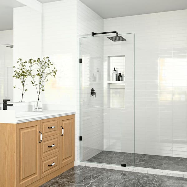 Linea 30 in. W x 78 in. H Frameless Fixed Single Panel Shower Screen Door in Matte Black with 3/8 in. (10mm) Clear Glass