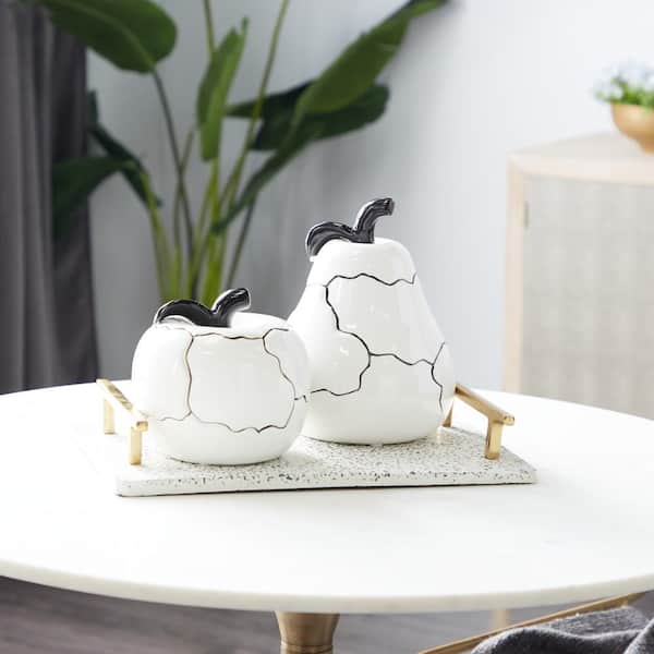 White Ceramic Decorative Fruit Sculpture with Cracked Looking Exterior (Set of 2)