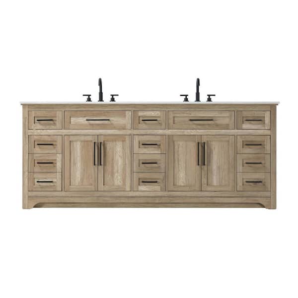 84 in. Double Sink Freestanding Natural Oak Bath Vanity with Marble White Engineered Marble Top