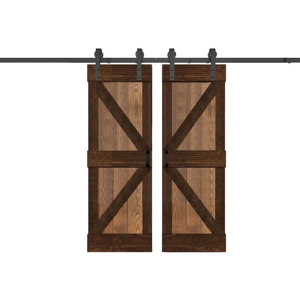 ISLIFE K Series 60 in. x 84 in. Walnut/Coffee Finished DIY Solid Wood Double Sliding Barn Door with Hardware Kit