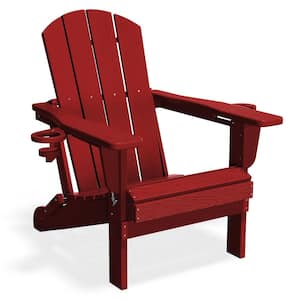 Classic Dark Red Folding Plastic Adirondack Chairs with 2-Cup Holders-Weather Resistant Patio Outdoor Chair (Set of 1)