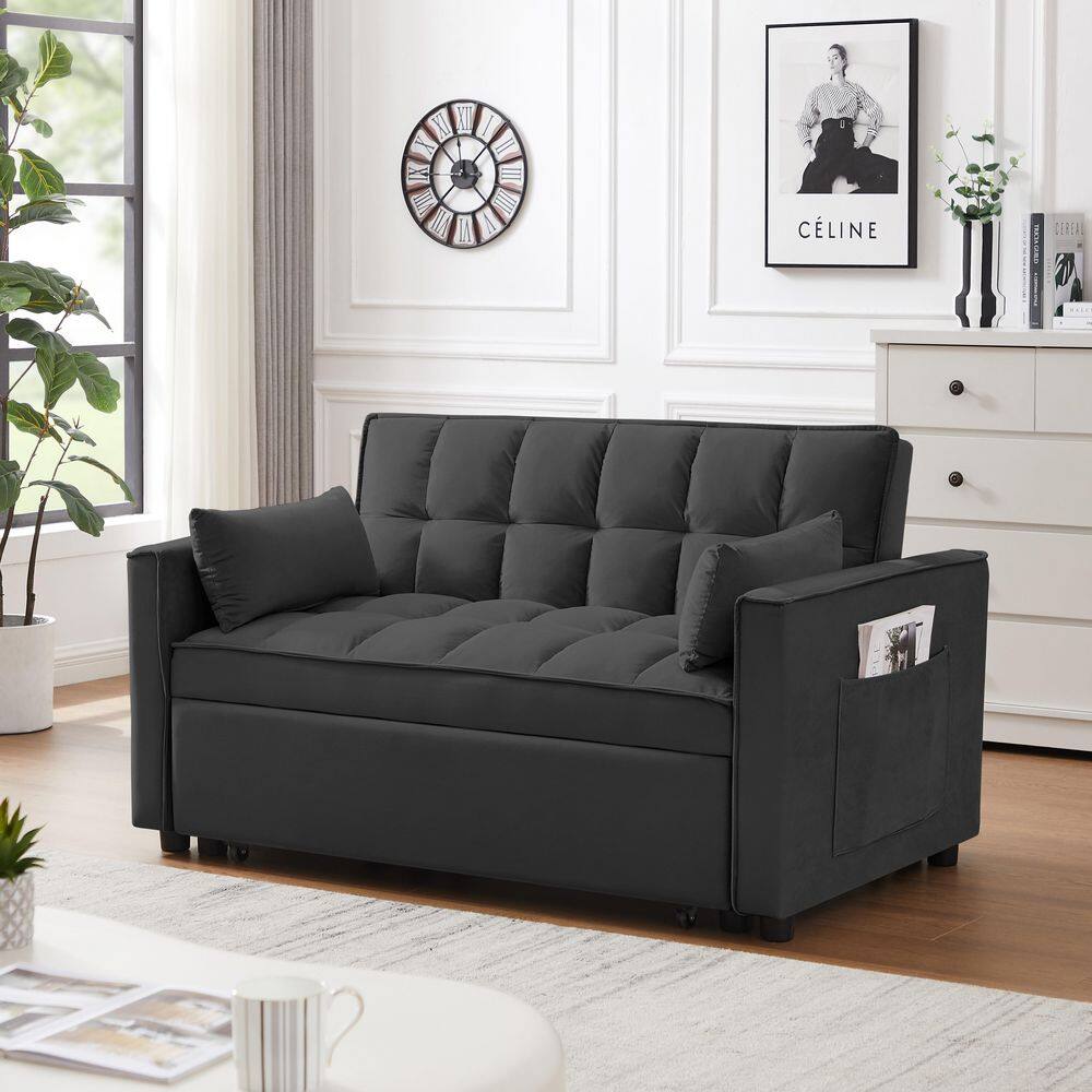 55.11 in. Black Modern Velvet 3 in 1 Convertible Loveseat Futon Sleeper Sof