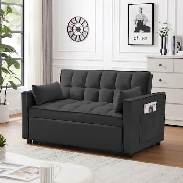 aisword 55.11 in. Black Modern Velvet 3 in 1 Convertible Loveseat Futon Sleeper Sofa Bed w/Pullout Bed, Toss Pillows