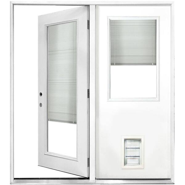 Steves & Sons 60 in. x 80 in. Clear Mini-Blind White Primed Prehung RHIS Fiberglass Center Hinge Patio Door w/ Med Pet Door
