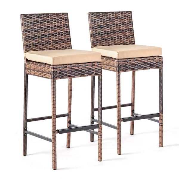 Karl home Patio Wicker Outdoor Bar Stool with Khaki Cushions (2-Pack)