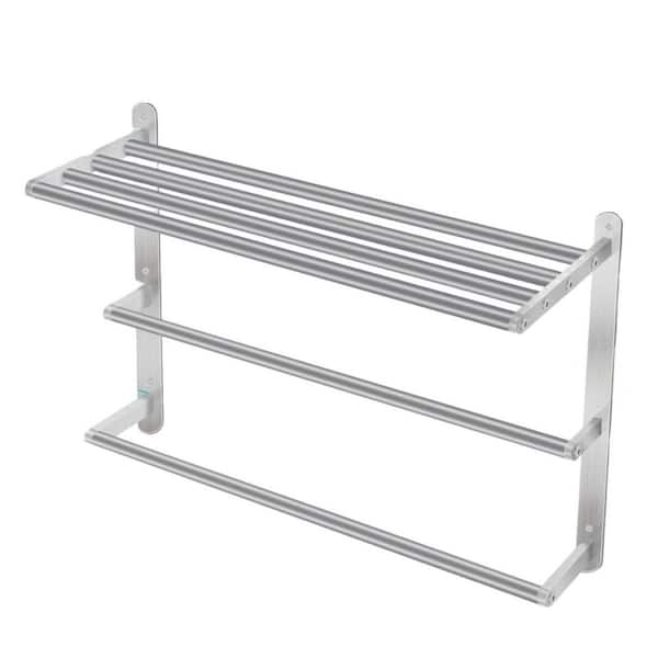 Wall Mount Bath Towel Rack, 24 in. Black Towel Shelf with Double Towel Bar, 3 Tier Stainless Steel Towel Storage, Silver