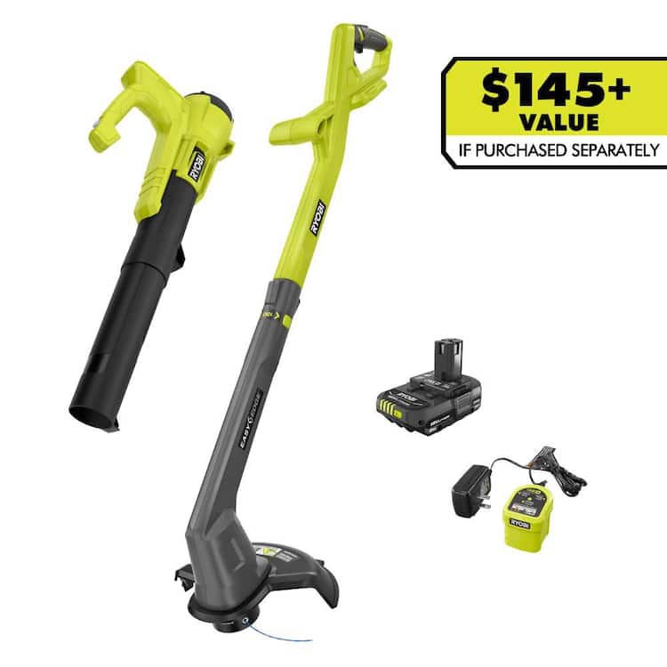 RYOBI ONE+ 18V Cordless String Trimmer/Edger and Blower/Sweeper Combo Kit (2-Tools) with 2.0 Ah Battery and Charger