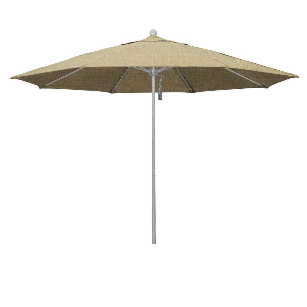 11 ft. Grey Woodgrain Aluminum Market Patio Umbrella with Fiberglass Ribs Pulley Lift in Linen Sesame Sunbrella price history on PriceWatchPro