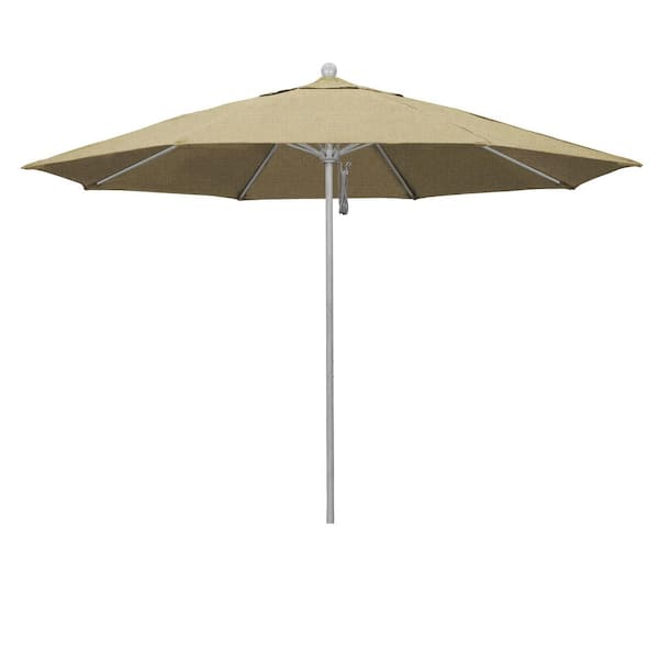 11 ft. Grey Woodgrain Aluminum Market Patio Umbrella with Fiberglass Ribs Pulley Lift in Linen Sesame Sunbrella