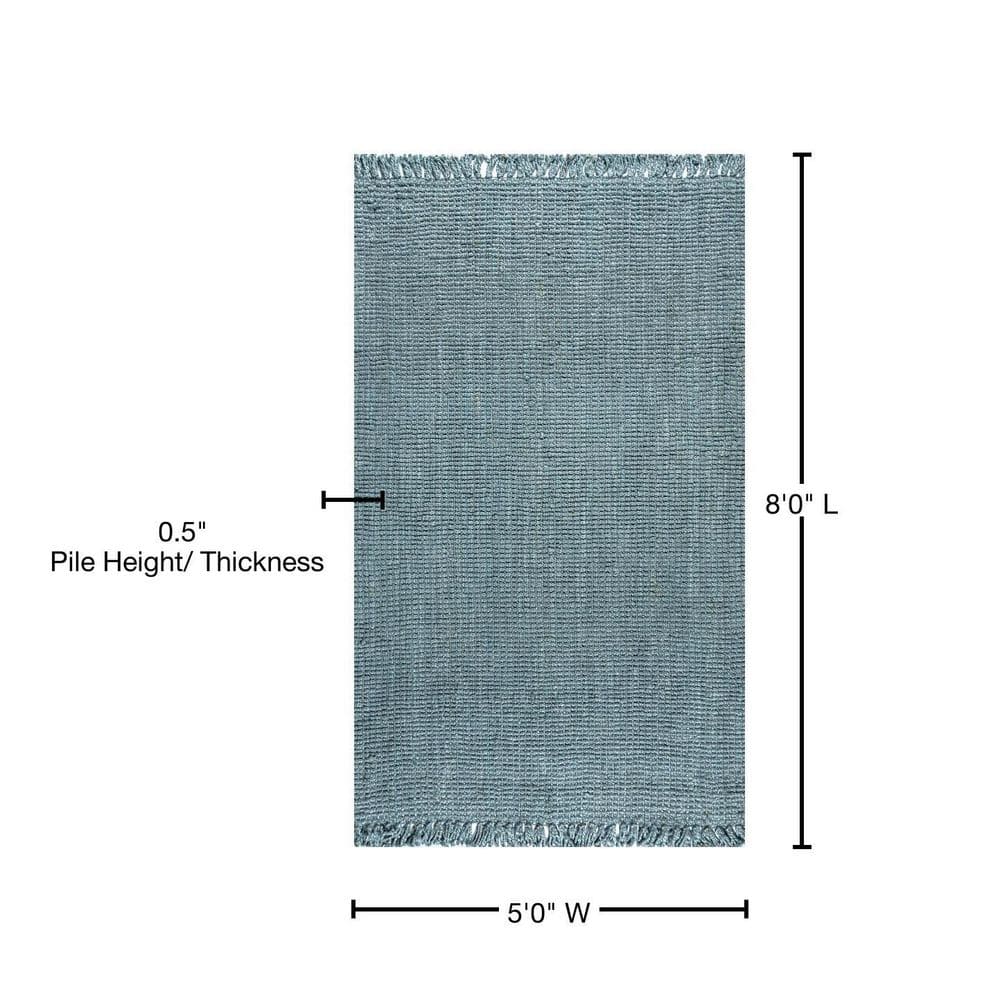 Handwoven Light Blue/Gray Chunky Jute Rug with Fringe - 5x8 Feet