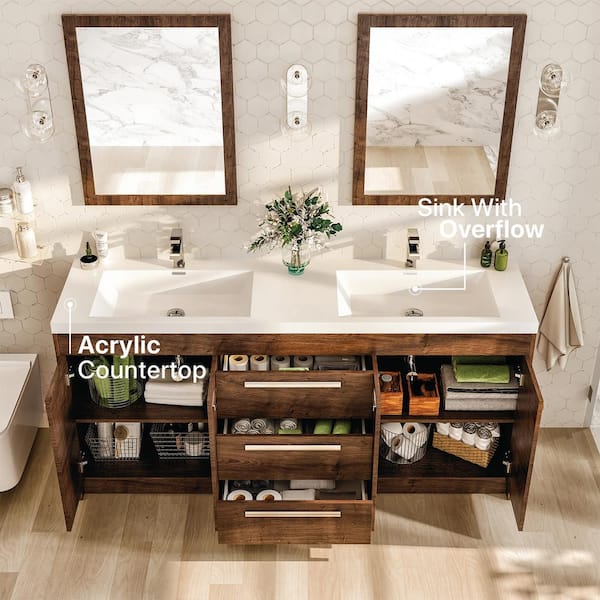 Lugano 72 in. W x 19 in. D x 36 in. H Double Bath Vanity in Rosewood with White Acrylic Top and White Integrated Sinks