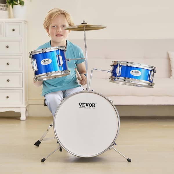 Drum Set 14 in. with Adjustable Throne Cymbal Pedal 2-Pairs of Drumsticks 8 in. Drum Kit in Blue for Kids (3-Pieces)