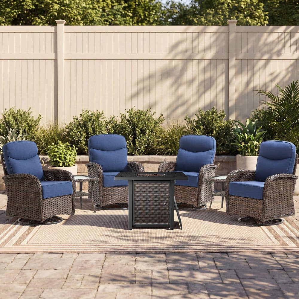 Goyal Brown 7-Piece Wicker Patio Fire Pit Conversation Set Outdoor Swivel Glider Chairs with 6 in. Thick Blue Cushions price history on PriceWatchPro