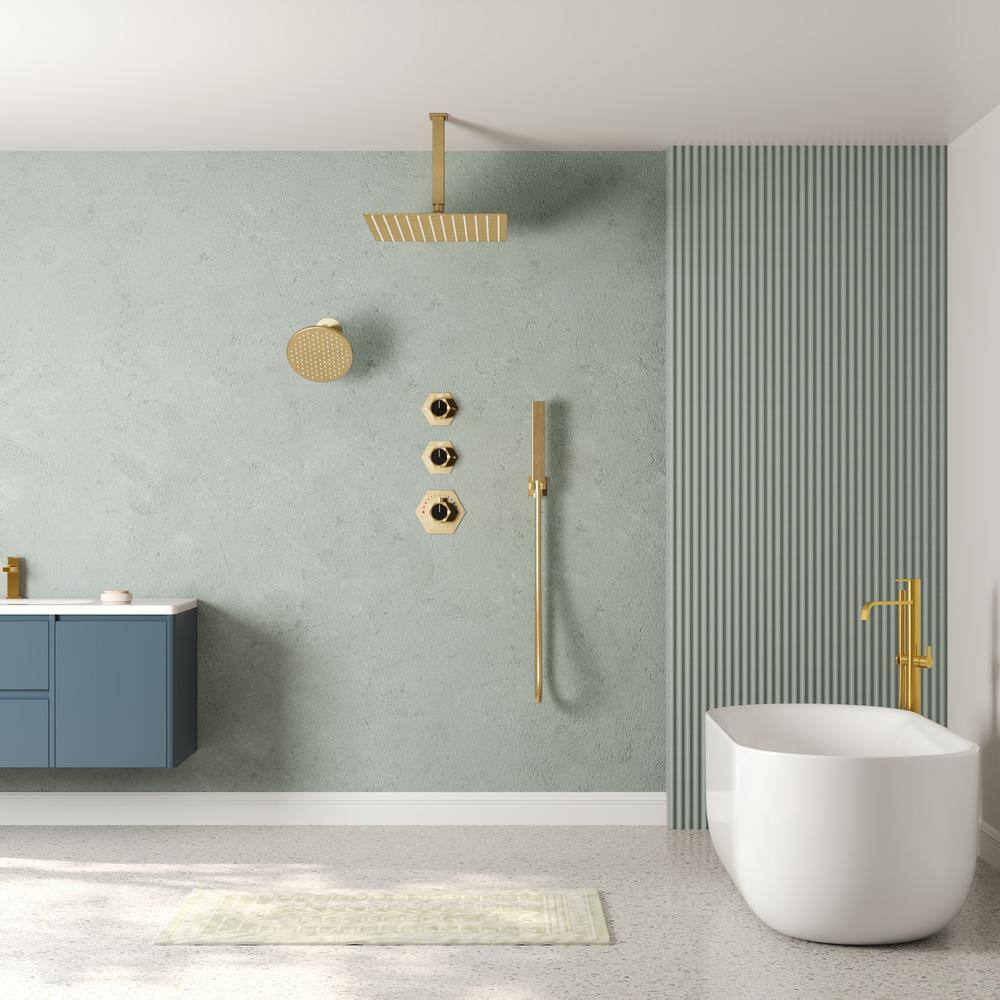 Brushed Gold Thermostatic Dual Showerhead System with Handheld Spray