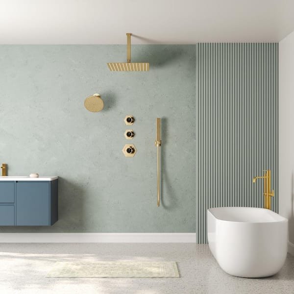 12 in. 4-Spray Patterns Ceiling Mount Dual Shower Heads with Fixed and Handheld Shower Head (Valve Included)