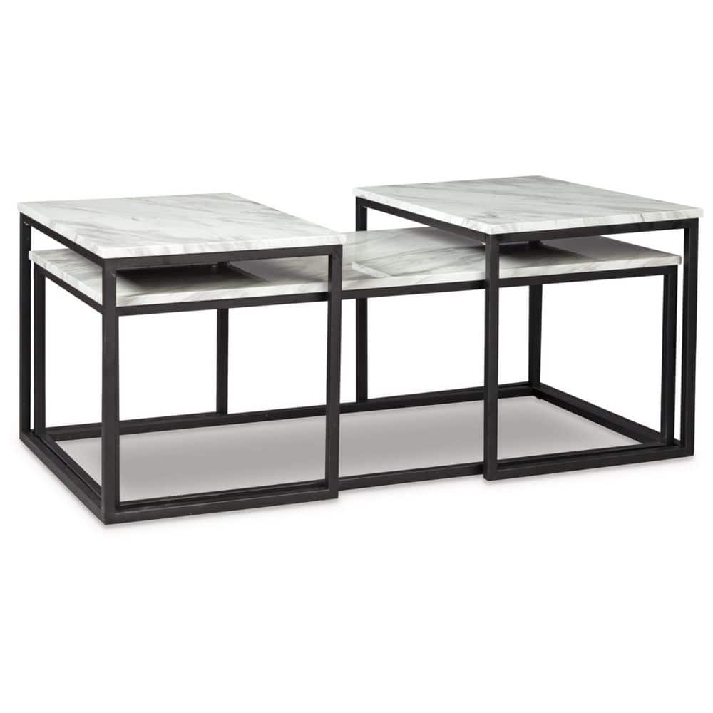 Contemporary Black Metal Frame Rectangular Marble Top 3-Piece Table Set
