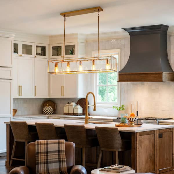 Dvorakova 39.37 in. 5-Light Modern Gold Rectangle Dimmable Chandelier with Textured Glass Shade