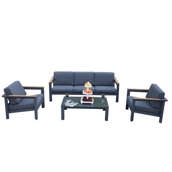 DIRECT WICKER Ruby Black 4-Piece Aluminum Outdoor Patio Conversation Set with Cushions