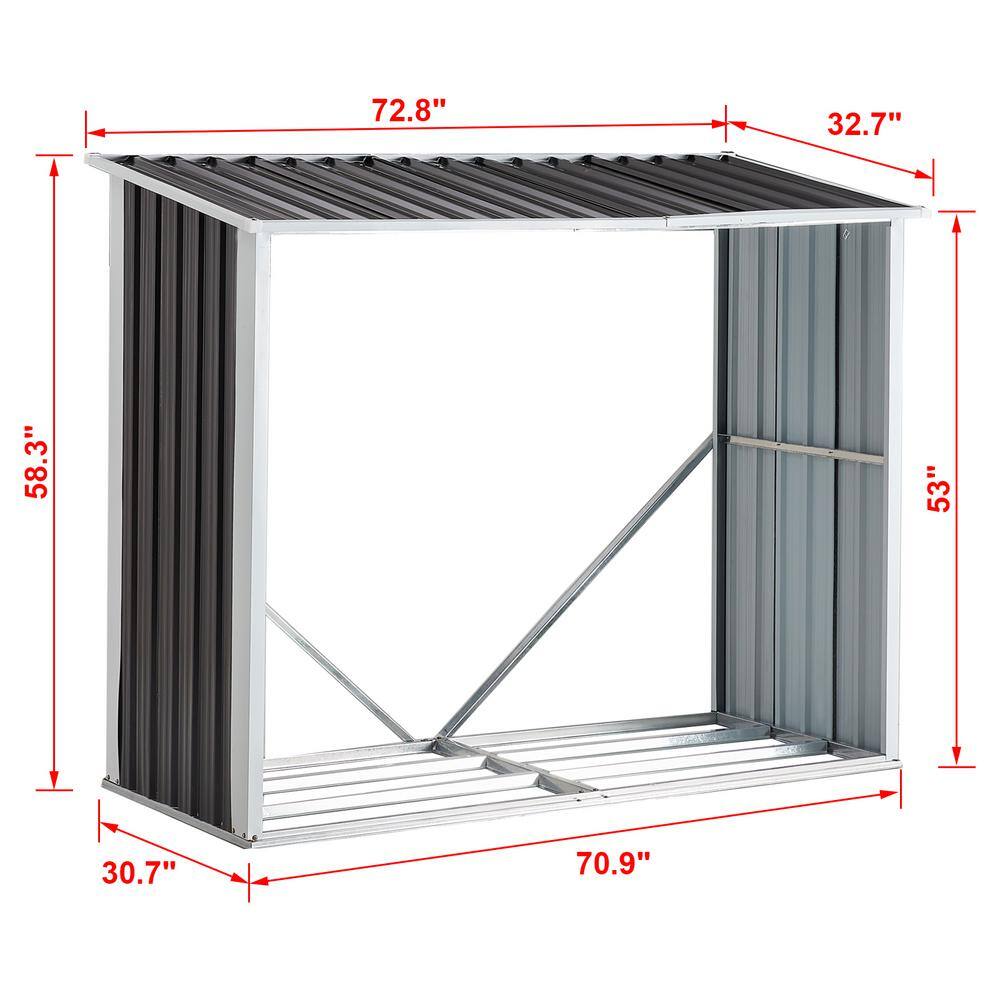 70.9" Dark Gray Galvanized Steel Outdoor Firewood Storage Shed with Roof