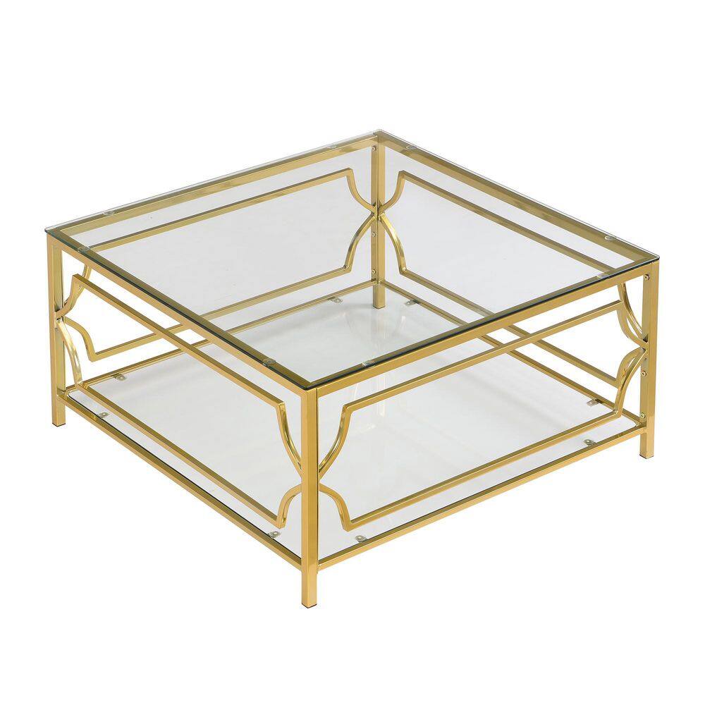 33.5 in. Square Clear Tempered Glass Top Coffee Table with Gold Geometric Metal Frame and Lower Shelf for Living Room