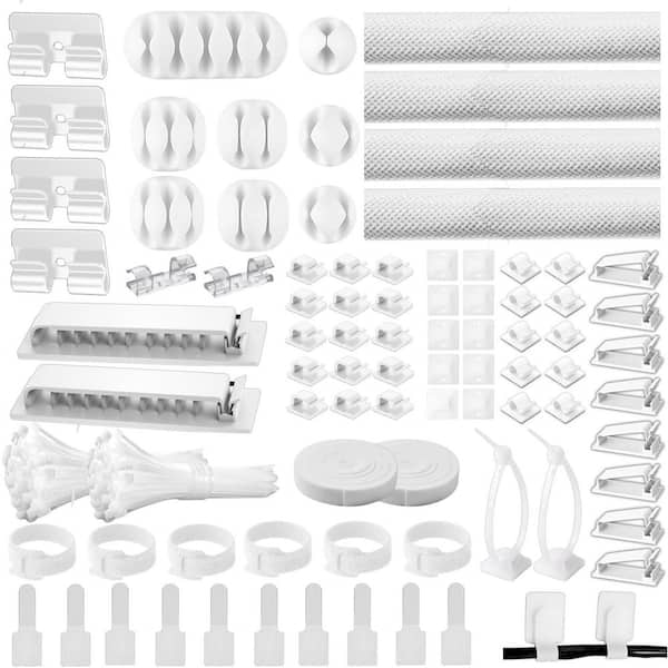Cable Management Kit with 67 Adhesive Clips, 22 Reusable Straps, 4 Split Sleeves, 200 Zip Ties and Mounts, White