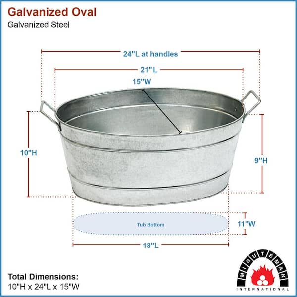 Oval Galvanized Tub With 2 Side Handles, 21 Inch Long, Cleaning Bucket, Steel