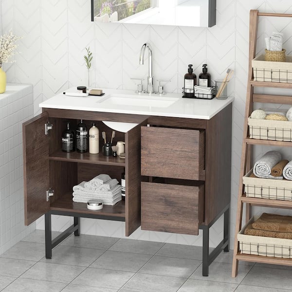 FUFU&GAGA 35.4 in. W x 18.1 in. D x 33.9 in. H Bath Vanity in Brown with White Top, Sink, Drawers and Cabinet
