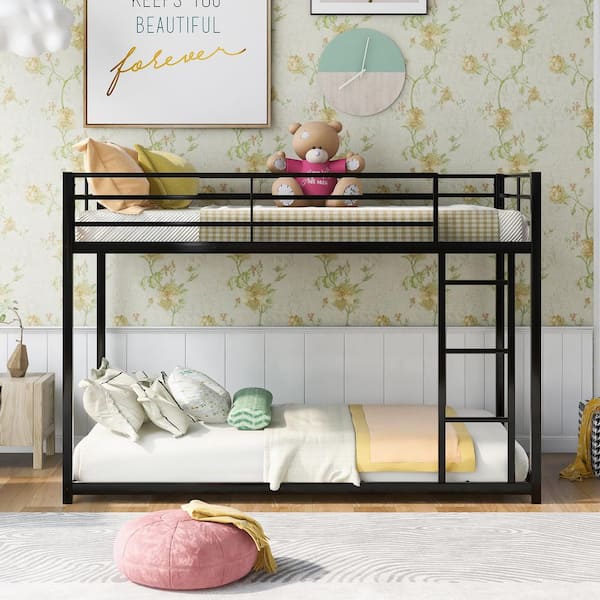Black Twin Over Twin Metal Low Bunk Bed with Ladder