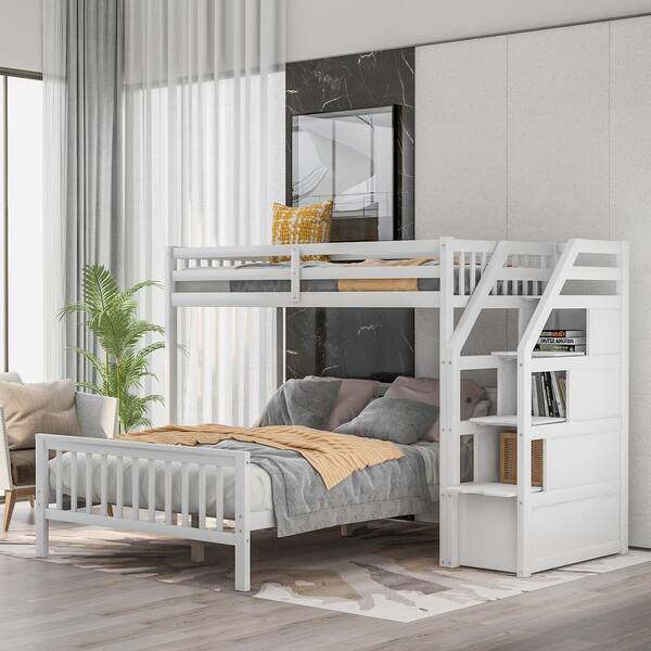 GOJANE White Twin Over Full Loft Bed with Staircase