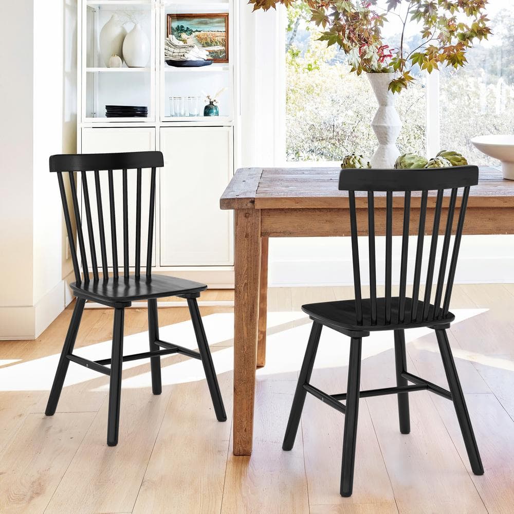 Windsor Black Solid Wood Dining Chairs for Kitchen and Dining Room (Set of 2)