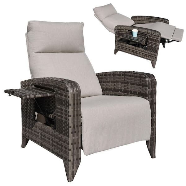 Gray Wicker Reclining Outdoor Chaise Lounge with Beige Cushions with Cup Holder