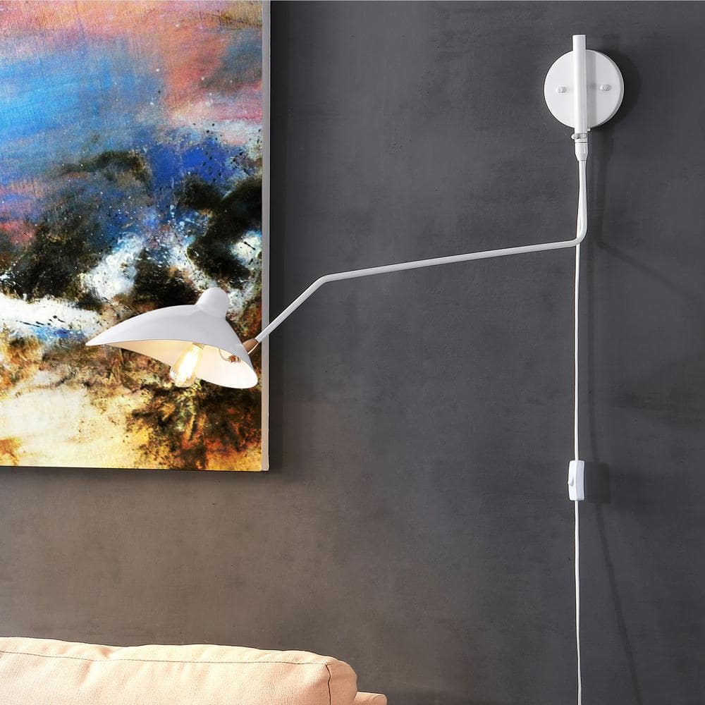 Mid-Century 35" White and Brass Gold Iron Swing Arm Wall Sconce