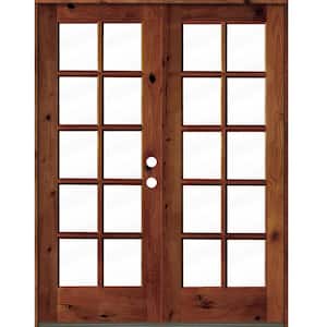 60 in. x 80 in. French Knotty Alder Wood 10-Lite Clear Glass Red Chestnut Stain Left Active Double Prehung Front Door