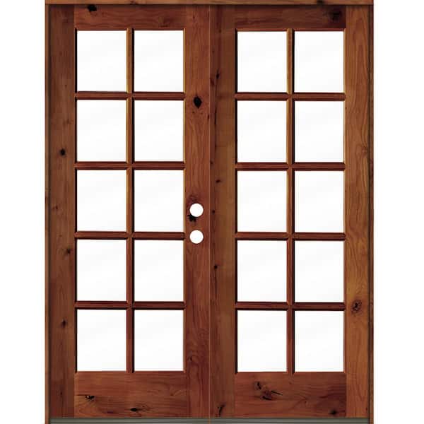 Krosswood Doors 60 in. x 80 in. French Knotty Alder Wood 10-Lite Clear Glass Red Chestnut Stain Left Active Double Prehung Front Door