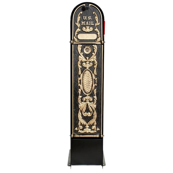MailKeeper 150 Black with Gold Highlights Column Mount Locking Mailbox Front and Rear Retrieval Door (Classic Design)