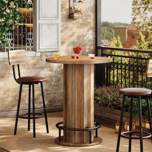 Kearsten 39.8 in. H Rustic Brown Wood Round Bar Table with Metal Ring Footrest, Bistro Pub Hight Top Table (Only Table)