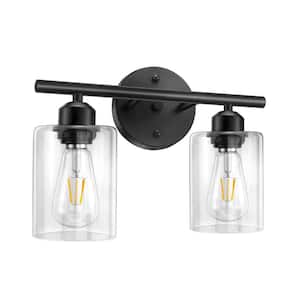 10.44 in. 2-Light Matte Black Bathroom Vanity Light with Clear Glass Shades