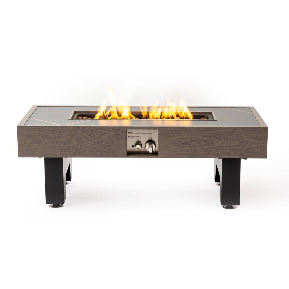 Modern Outdoor Fire Table-Sleek Stone/Walnut Finish, Easy-Control ...