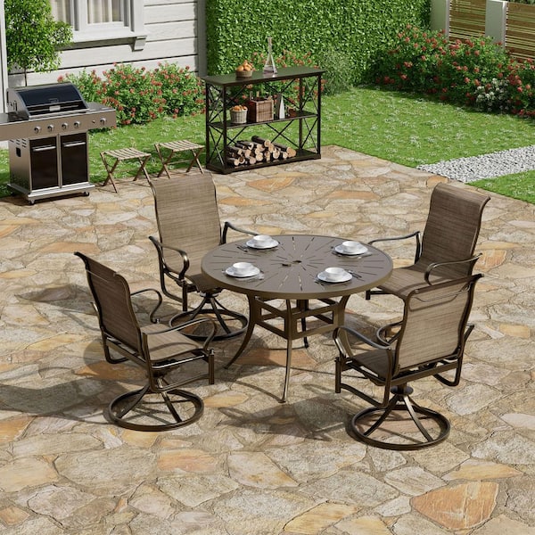 5-Piece Brown Cast Aluminum Outdoor Patio Dining Set with Round Retro Table and Textilene Seat Swivel Chairs