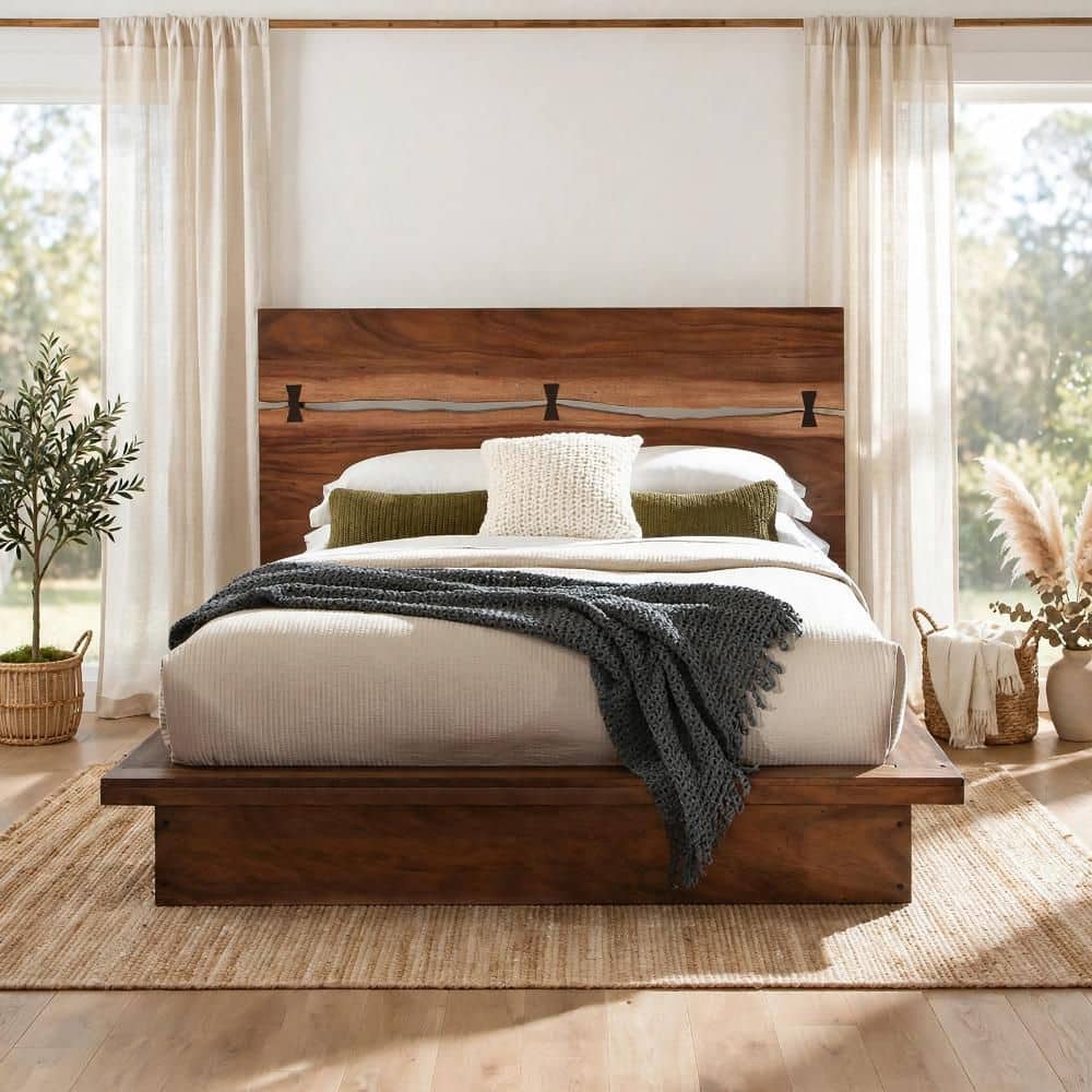 Benjara Zeko Brown Wood Frame King Size Platform Bed BM302795